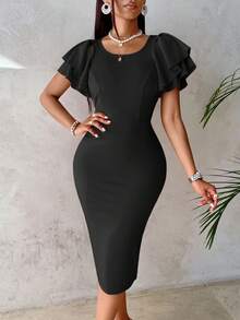 Amarilo Damen elegantes & sexy Cocktailkleid mit rundem Ausschnitt, übertriebenen doppellagigen Rüschenärmeln und Bodycon-Passform für Partys