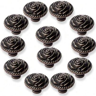 Vintage Rose Cabinet Knobs, Antique Bronze Cupboard Dresser Door Pull Round Zinc Alloy Knob Flower Drawer Handles With 3 Sized Screws For Furniture Kitchen Cupboard Closet Wardrobe