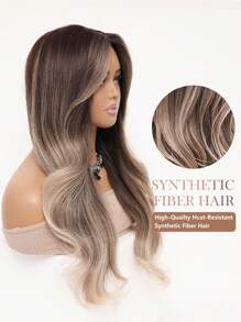 迷人性感渐变棕色假发多色中分长卷发波浪假发亚麻金色天然头发合成耐热纤维假发女士日常派对狂欢使用 26 英寸 - 漸變金色 - 查看 6