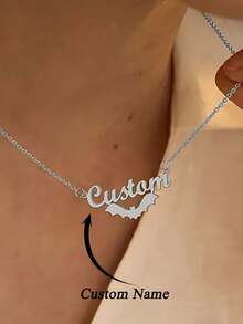 Personalized Name Necklace,Stainless Steel Bat Pendant Necklace,Customized Name Letter Necklace Halloween Jewelry Accessories,Holiday Halloween Decoration Celebration Gifts,Customized Halloween Gifts For Family And Friends - Silver - View 2