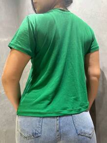 Blusa Feminina com Colar T-shirt Liso com manga Curta Moda - Verde - Visão 2