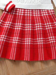 Vestido suéter de manga comprida com estampa xadrez e bloco de cores para meninas pré-adolescentes com apliques de urso de desenho animado