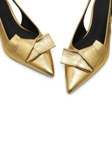 Women's Kitten Heels Slingback Pumps Bow Knot Pointed Closed Toe Thick Low Heels Pumps Woman Wedding Bridal Dress Shoes - 金色 - 查看 8