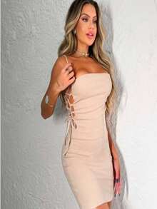 Carla Short Sheath Dress With Side Ties, Foreign Fashion - 米色 - 查看 2