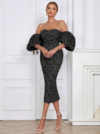 Minimalistisk Sexig Off-Shoulder Puff Sleeve Öppen Rygg Figursydd Bodycon Klänning för kvinnor