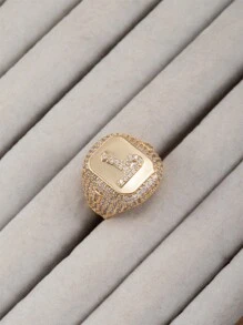 1 件女式嘻哈风格全水钻 18K 镀金首字母阿拉伯字母开口戒指 - 金色 - 查看 13