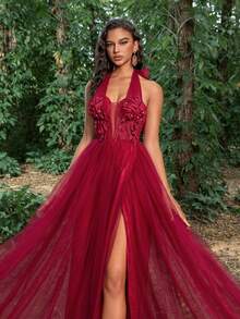 Faeriesty Đầm dạ hội cổ yếm đính ren lưới, Đầm dạ hội trang trọng thanh lịch, Dành cho khách dự tiệc cưới, Tốt nghiệp, Tiệc tối - Màu Đỏ Sâu - Xem 8