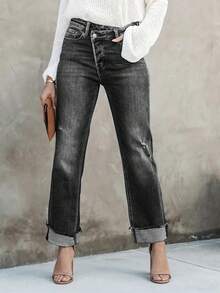 Women Asymmetric Waist Pocket Casual Fashionable Jeans - Black - View 2