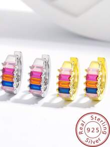 1 对矩形方晶锆石密镶耳环，优雅水晶耳环，925 纯银耳环，时尚珠宝