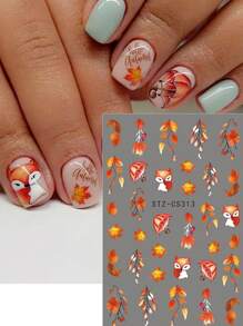 FULL BEAUTY 2/3/5pcs Cartoon Fall Maple Leaves Fox Nail Art Stickers Flower Pine Cones Mushrooms Sunflowers Foxes Pumpkins Autumn Halloween Ghost Nail Art Sliders Decoration Tools DIY Nails - Multicolor - View 3