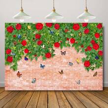 1 pieza Fondo de fotografía de pared de ladrillo rojo de poliéster con plantas verdes frondosas, flores rojas y mariposas para cumpleaños, baby shower, bautizo, fondo fotográfico reutilizable, tamaño: 210*150cm/150*100cm/100*75cm - Multicolor - Ver 7