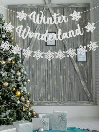 Glitter Silver Winter Wonderland Snowflakes Banner Decor,Christmas Party Decoration,Winter Wonderland Theme Birthday Party Supplies,New Year Home Accessories