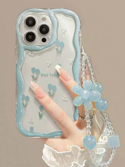 蓝色花朵手链，奶油色外壳透明蓝色郁金香彩绘，防震手机壳兼容 15 / XR / 7 / 8、 15 Pro Max / 12 Pro Max / 13 Pro Max / 14 Pro Max、Apple 13、14、11、P12、XS 边缘彩绘、A13 4G、A22、A21S、A51 4G、A52、S22 Ultra、A33 5G、Redmi 10、Redmi Note 11 4G、Redmi 11 Lite、A53、TPU A14/A23/S23 超防震软壳防水防摔防刮