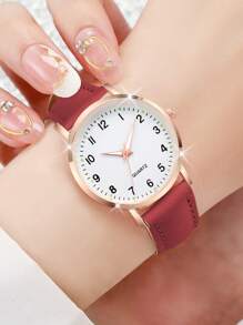 6pcs/Set Ladies Casual Quartz Wristwatches Set With Leather Belt & Number Dial - Multicolor - View 6