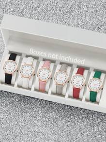 6pcs/Set Ladies Casual Quartz Wristwatches Set With Leather Belt & Number Dial - Multicolor - View 1