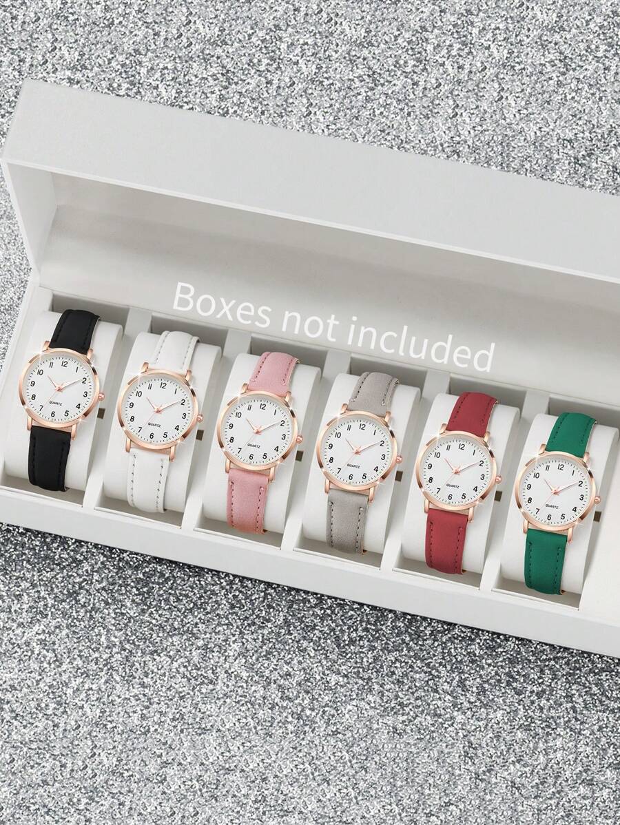6pcs/Set Ladies Casual Quartz Wristwatches Set With Leather Belt & Number Dial - Multicolor - View 1