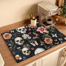 1 pièce Décoration d'Halloween, Décoration de maison, Tapis absorbant pour cuisine et salle de bain avec imprimé crâne floral et papillon, design rayé et à carreaux, protège-éclaboussures de robinet et tapis de vidange - Multicolore - Voir 2