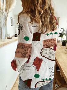 Women Fashion New Single-Breasted Long Sleeve Printed Blouse - Apricot - View 2