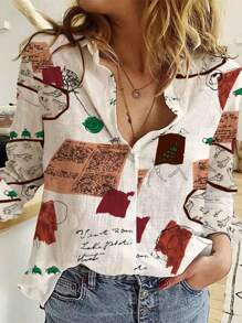 Women Fashion New Single-Breasted Long Sleeve Printed Blouse - Apricot - View 1