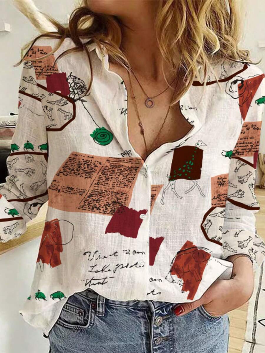 Women Fashion New Single-Breasted Long Sleeve Printed Blouse - Apricot - View 1