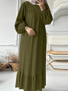 Vestido midi de manga larga, con volantes en el bajo, mangas abullonadas y bolsillos, estilo vintage, para primavera y otoño - Verde militar - Ver 1