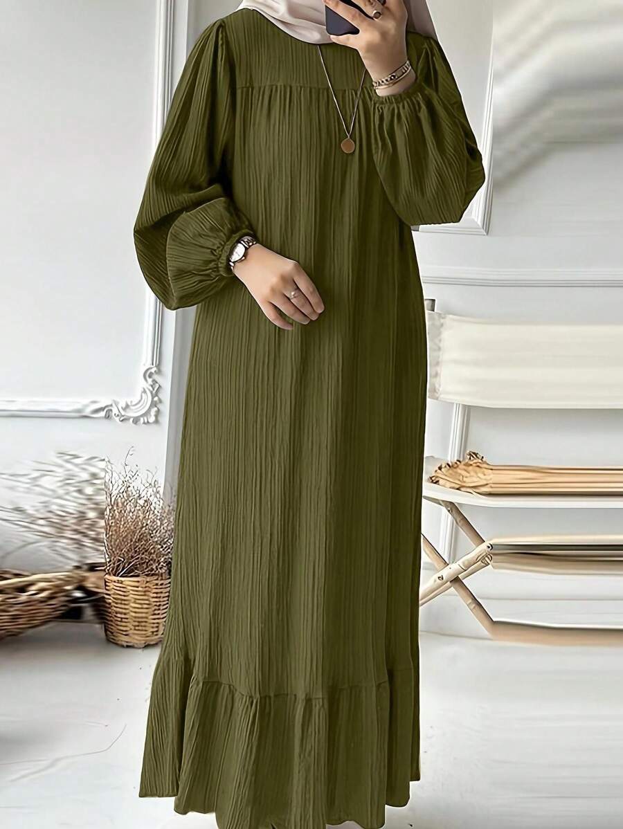 Vestido midi de manga larga, con volantes en el bajo, mangas abullonadas y bolsillos, estilo vintage, para primavera y otoño - Verde militar - Ver 1