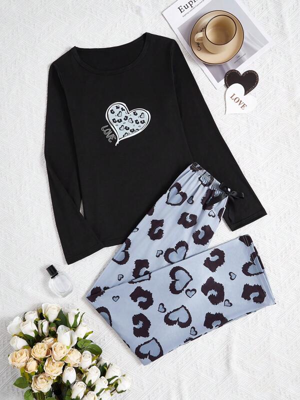 2 peças/conjunto feminino leopardo coração estampa pulôver moletom e calças pijamas conjunto