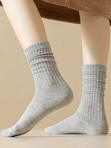 5 Pairs Solid Slouch Socks, Simple & Warm Thick Calf Socks For Fall & Winter, Women's Socks