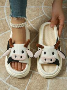 Pantoufles d'intérieur imprimées de vache de dessin animé mignons, chaussons de maison à semelle épaisse en lin à bout ouvert et silencieux, nouvelle semelle antidérapante en EVA pour le confort en automne et en hiver