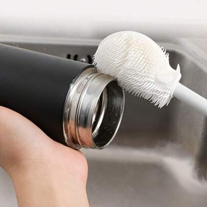 Cepillo de limpieza de silicona sin costuras de 360°, con cabezal plegable y mango largo, cepillo reutilizable para botellas y tazas de cocina, ideal para volver al colegio