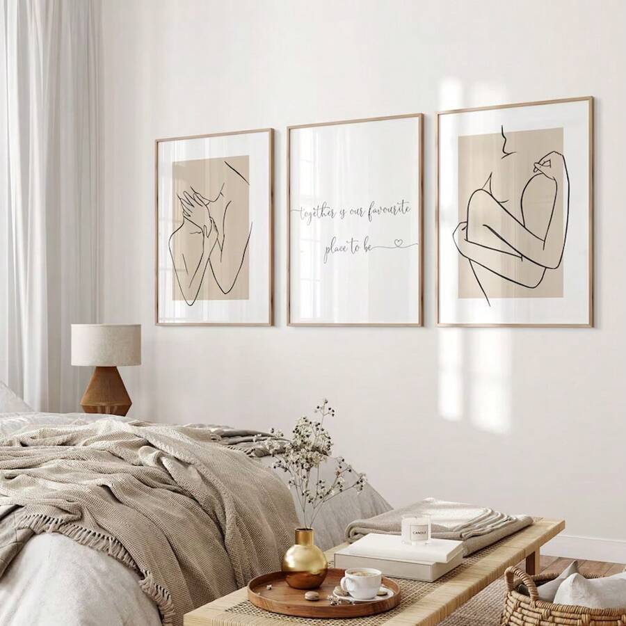 3pcs Set, Bedroom Wall Art,One Line Art,Grey,Beige,Bedroom Decor,Bedroom Prints,Together Is Our Favourite Place To Be,Couple Gifts,Bedroom Wall Decor,50*70cm(20*28in)Unframed,Canvas,Poster Birthday Graduation