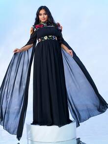 seomiscky Váy dạ hội thanh lịch tay dài họa tiết hoa cỡ lớn, váy dự tiệc cưới, váy dạ hội trang trọng màu đen, dành cho khách dự tiệc cưới, tốt nghiệp, tiệc tối - màu đen - Xem 3