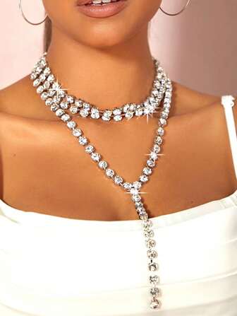 1 Pc Exaggerated Temperament Diamond-Studded Water Wave Chain Fashionable Multi-Layer Tassel Necklace Clavicle Chain For Women, Wedding Bridal Jewelry