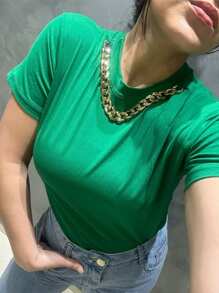 Blusa Feminina com Colar T-shirt Liso com manga Curta Moda - Verde - Visão 1