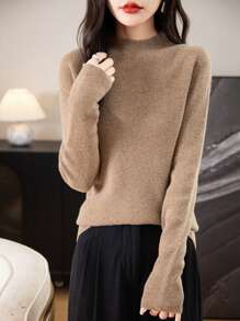 Women's 100% Merino Wool Sweater One-Line Seamless Sweater Women's Mock-Neck Sweater Fall Winter Longsleeve Soft Knitted Pullover - Lạc đà - Xem 3