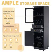 Gabinete de almacenamiento alto para el baño con puertas de vidrio, de pie, con dos cajones y estantes ajustables, de tablero de MDF, pintado en blanco - perfecto para exhibir tus artículos favoritos