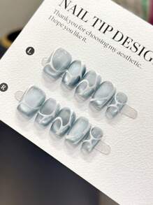 10 Móng Tay Giả Hình Thang Ngắn Thủ Công, Thiết Kế Mắt Mèo Xám Xanh Vẽ Tay Bất Đối Xấu, Hình Dán Móng Nghệ Thuật Thích Hợp Cho Các Dịp Thường Ngày, Móng Dán Giả, Dụng Cụ Làm Móng, Móng Tay Thủ Công, Móng Dán Giả - Nhiều màu - Xem 4