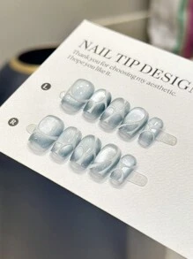 10 Móng Tay Giả Hình Thang Ngắn Thủ Công, Thiết Kế Mắt Mèo Xám Xanh Vẽ Tay Bất Đối Xấu, Hình Dán Móng Nghệ Thuật Thích Hợp Cho Các Dịp Thường Ngày, Móng Dán Giả, Dụng Cụ Làm Móng, Móng Tay Thủ Công, Móng Dán Giả - Nhiều màu - Xem 3