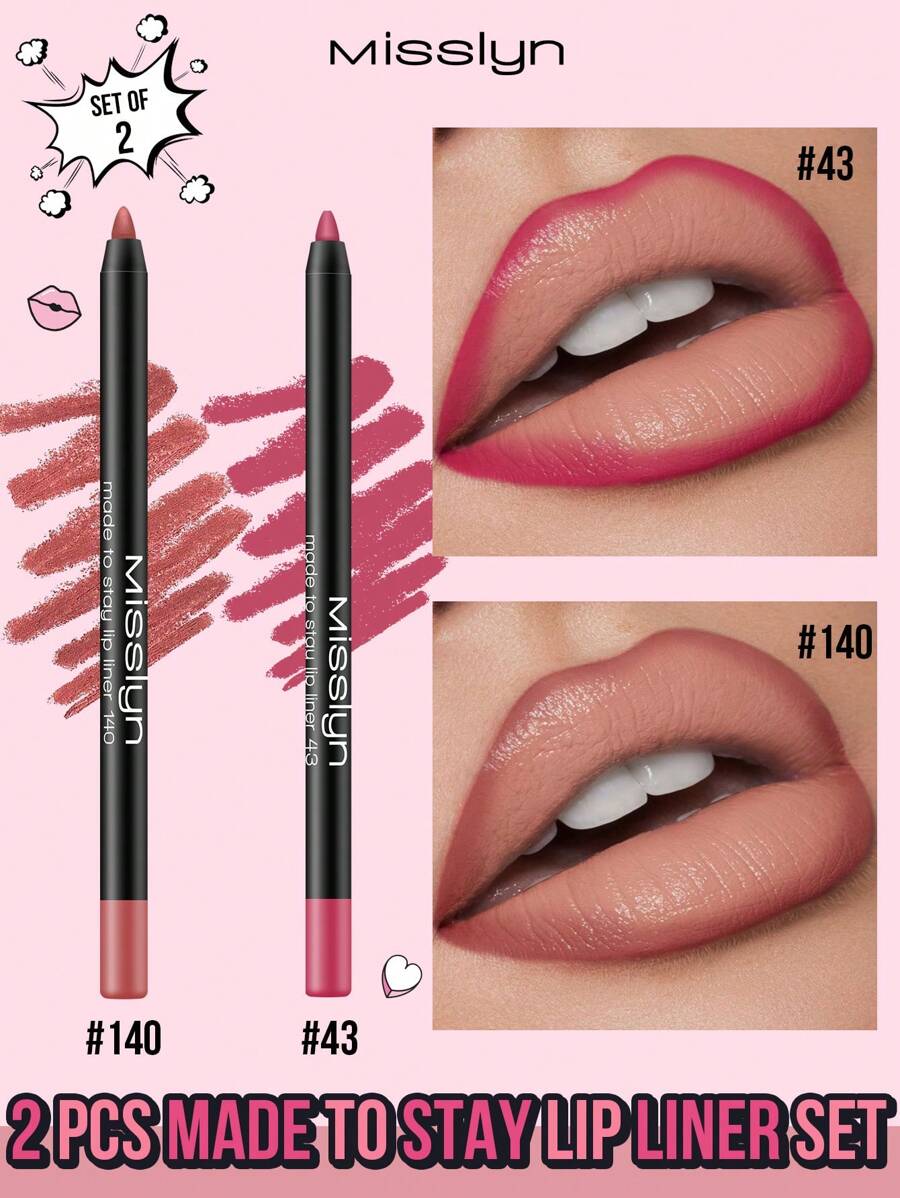 Misslyn Bộ 2 bút kẻ viền môi lâu trôi. Bút kẻ viền môi dạng gel có thể thu gọn, độ bám màu cao, tạo hiệu ứng mượt mà cho lớp trang điểm tự nhiên, màu sắc lên chuẩn, lớp viền môi lì mịn như nhung, không lem. - 140+43 - Xem 1