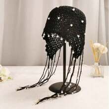 1 件春夏手工帽子女士珍珠流苏钩针帽复古镂空发髻帽百搭头巾帽 - A - 查看 3