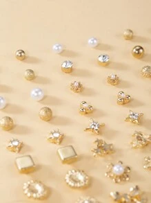 1set/30pairs Fashionable Crystal Flower, Leaf, Faux Pearl & Heart Shaped Stud Earrings Set, Elegant Metal Gift Jewelry For Daily Wear Valentines,Mom,Mother,Mother's Day,Gift