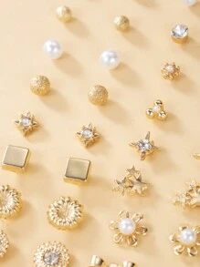 1set/30pairs Fashionable Crystal Flower, Leaf, Faux Pearl & Heart Shaped Stud Earrings Set, Elegant Metal Gift Jewelry For Daily Wear Valentines,Mom,Mother,Mother's Day,Gift