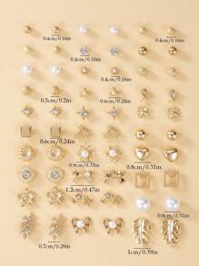 1set/30pairs Fashionable Crystal Flower, Leaf, Faux Pearl & Heart Shaped Stud Earrings Set, Elegant Metal Gift Jewelry For Daily Wear Valentines,Mom,Mother,Mother's Day,Gift