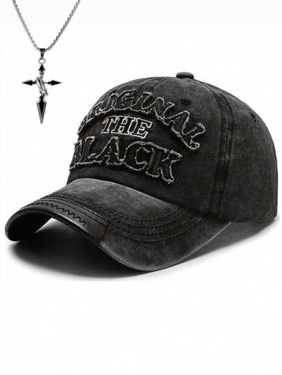 2pcs Fashion Baseball Cap And Necklace Set Washed Vintage Alphabet Embroidered Baseball Cap Outdoor Sports Sun Block Visor Cap And Vintage Cross Pendant Necklace For Both Men And Women