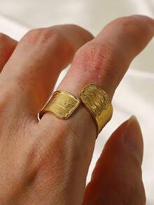 Simple Gold Women Jewelry Stainless Steel With Asymmetrical Texture Deformed Opening Ring Width Adjustable Size 2024 Promise Ring For Couples Gift - Yellow Gold - View 9