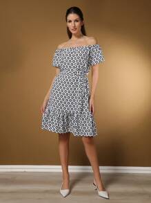 Women's Short Off-The-Shoulder Dress With Floral Print - trắng - Xem 8