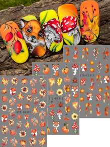 FULL BEAUTY 2/3/5pcs Cartoon Fall Maple Leaves Fox Nail Art Stickers Flower Pine Cones Mushrooms Sunflowers Foxes Pumpkins Autumn Halloween Ghost Nail Art Sliders Decoration Tools DIY Nails - Multicolor - View 9