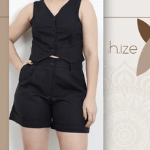 WOMEN'S LINEN SET, CROPPED VEST AND SHORTS WITH POCKET AND FOLDED-UP HEM BLOGGER - màu đen - Xem 1