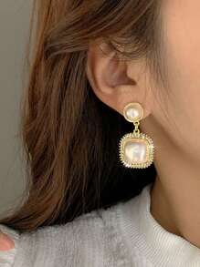 5pcs/Set Rhinestone & Faux Pearl Geometric Square Shape Tassel Stud Earrings Set For Women