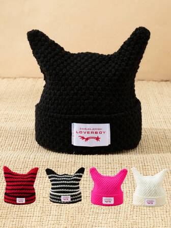 1 件男士独特猫耳缝制标签 Y2K 针织帽，适合秋冬保暖日常穿着万圣节秋季装